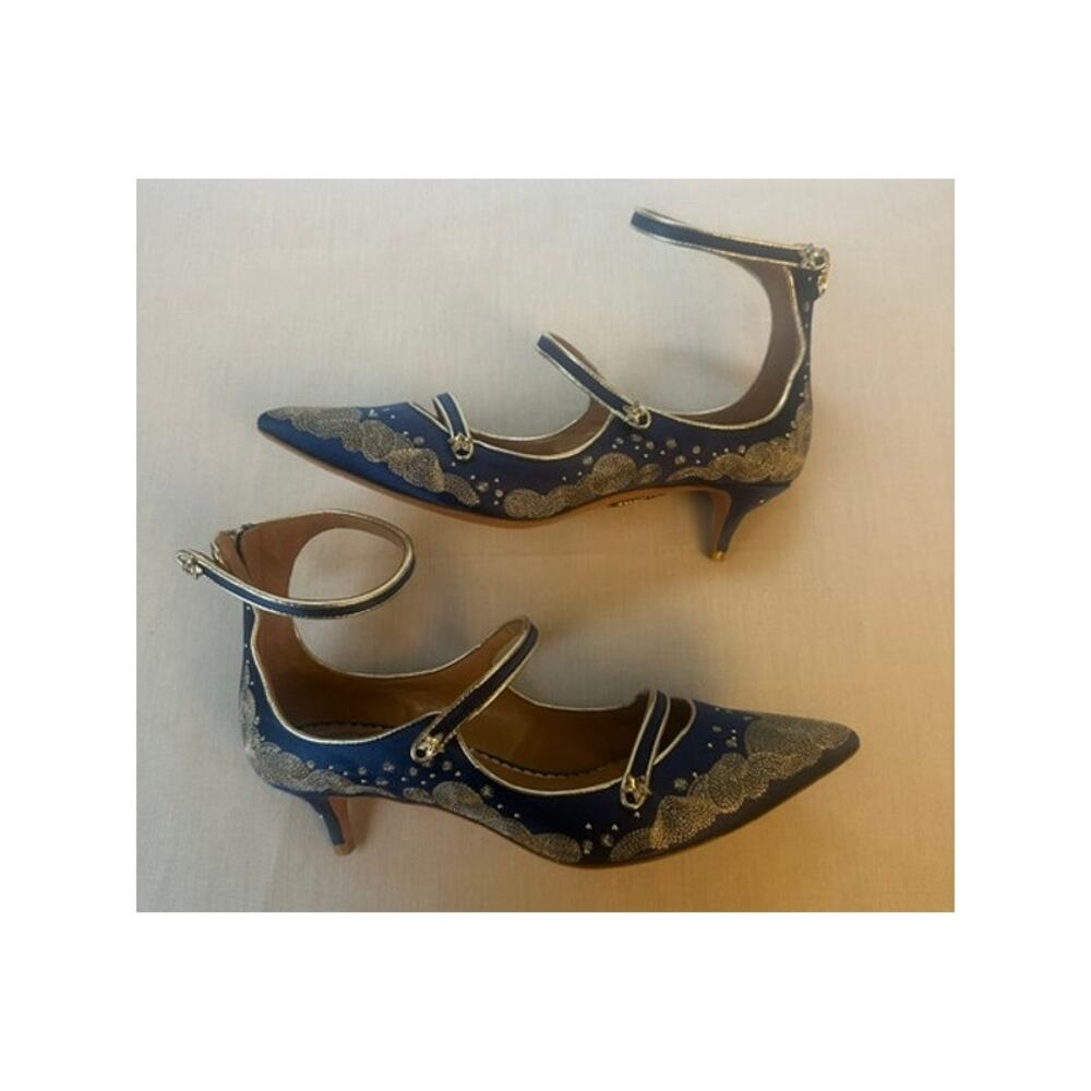 Aquazzura x Claudia Schiffer Cloudy Star Satin Kitten Heels Blue 38 7.5-8 EUC - Picture 2 of 5